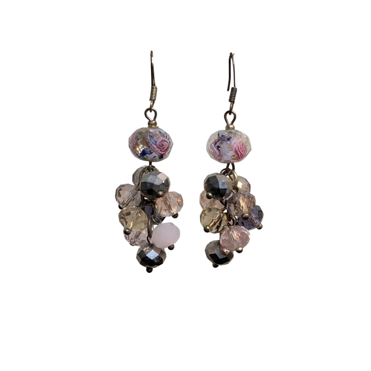 Rose Lampwork & Crystal Bauble Cluster Bead Dangle Earrings