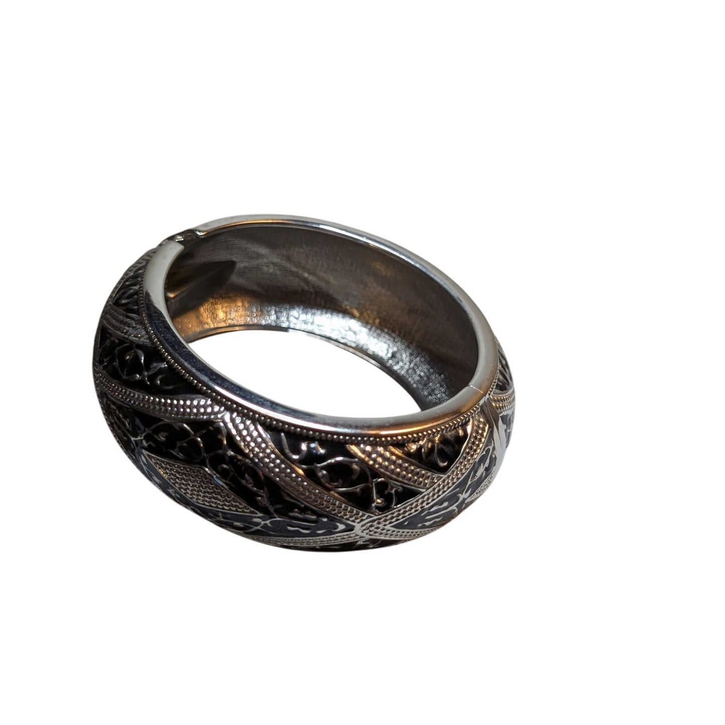 Black Enamel Silver Tone Wide Domed Hinged Bangle Clamper Bracelet