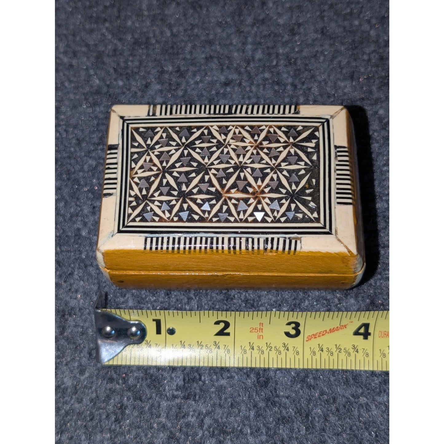 Vintage Egyptian Inlaid Wood Mother of Pearl Hinged Trinket Box Velvet Lining