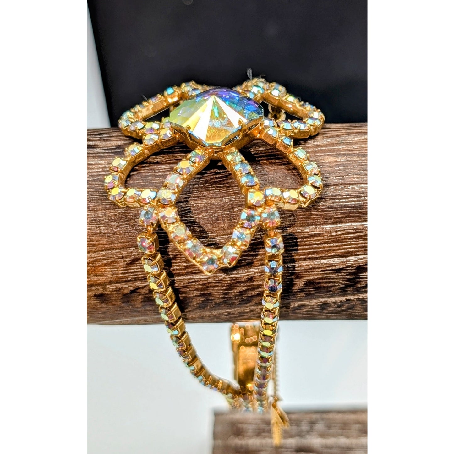 Vintage Mid-Century AB Crystal Rhinestone Gold Tone Bracelet W/ Safety Chain