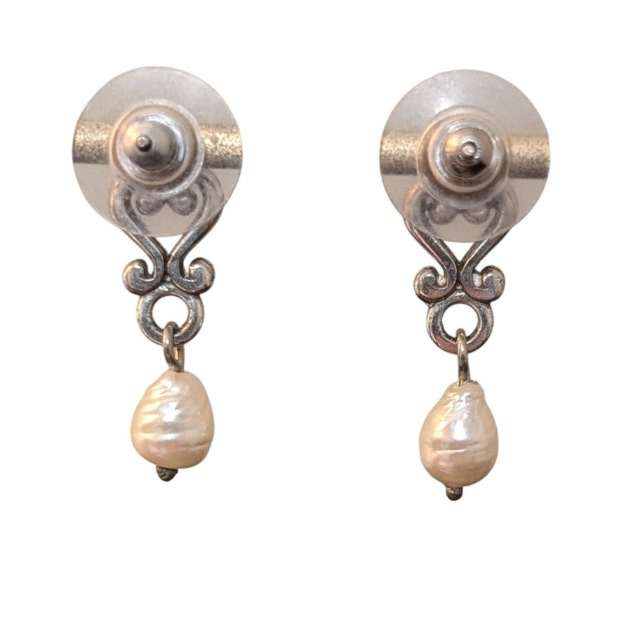 Vintage Sterling Silver Scroll Baroque Teardrop Freshwater Pearl Dangle Earrings