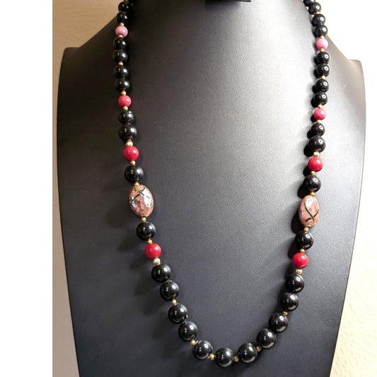 Vintage Black Burgundy Rose Stone Gold Tone Cloisonne Graduated Bead Necklace