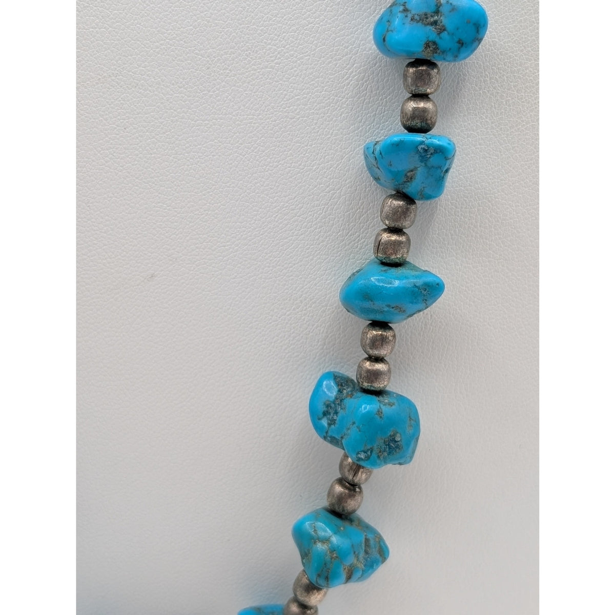 Vintage 1960s Turquoise Nugget Silver Beaded Hook Clasp 28" Necklace