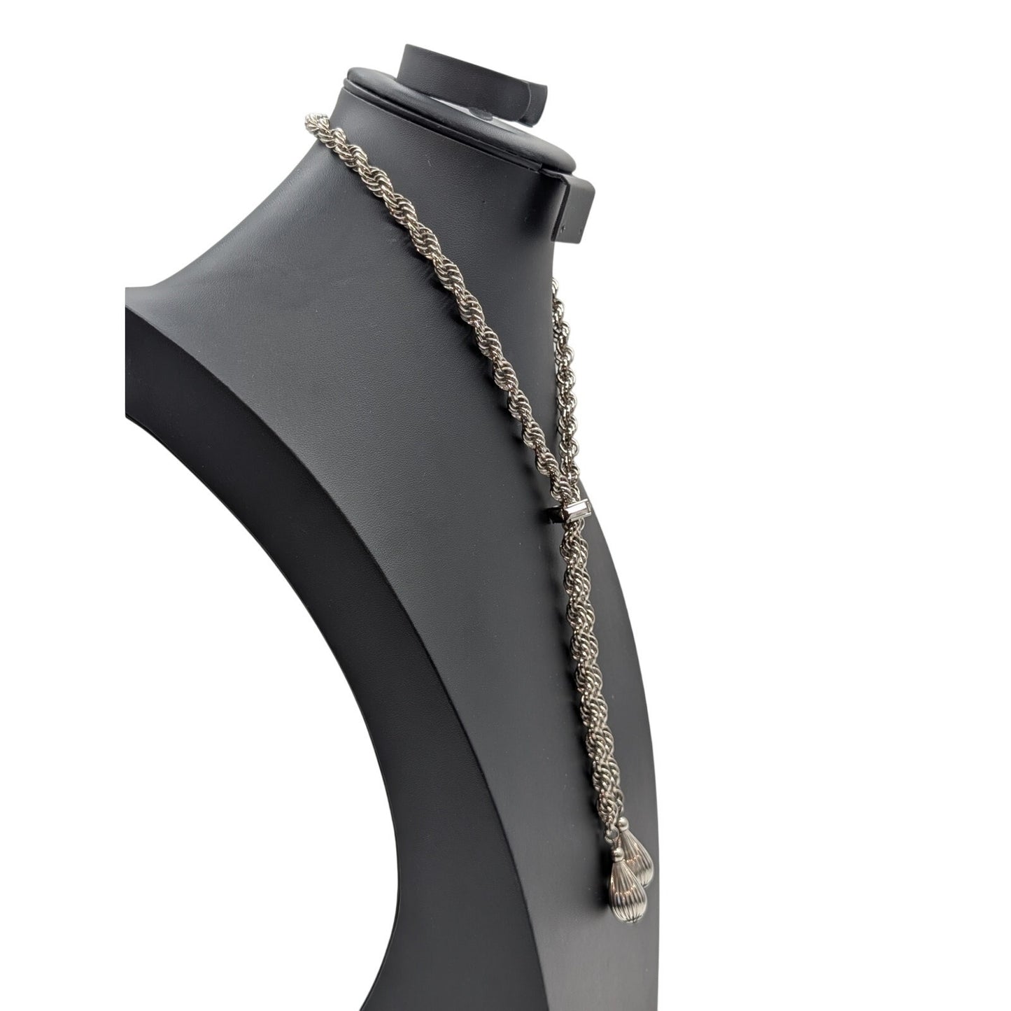VTG Silver Tone Thick Rope Chain Slide Lariat Teardrop Dangles 27" Necklace