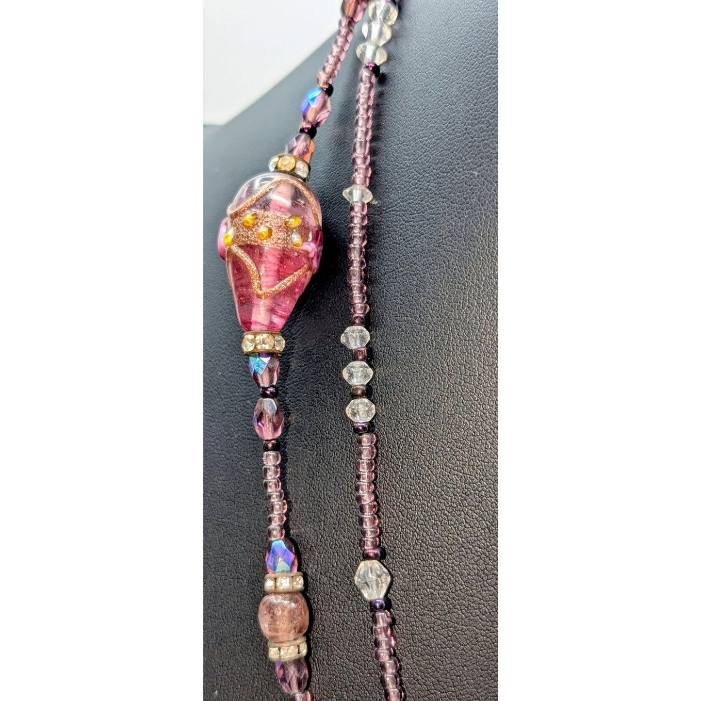 VTG Gorgeous Purple Lampwork & Glass Bead Multi-Shape Crystal 50" Long Necklace