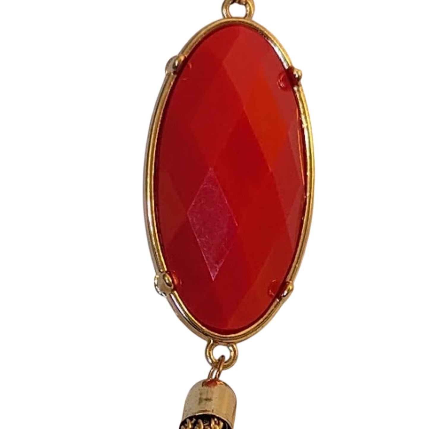 Long Gold Tone Red Reversible Pendant With Tassel