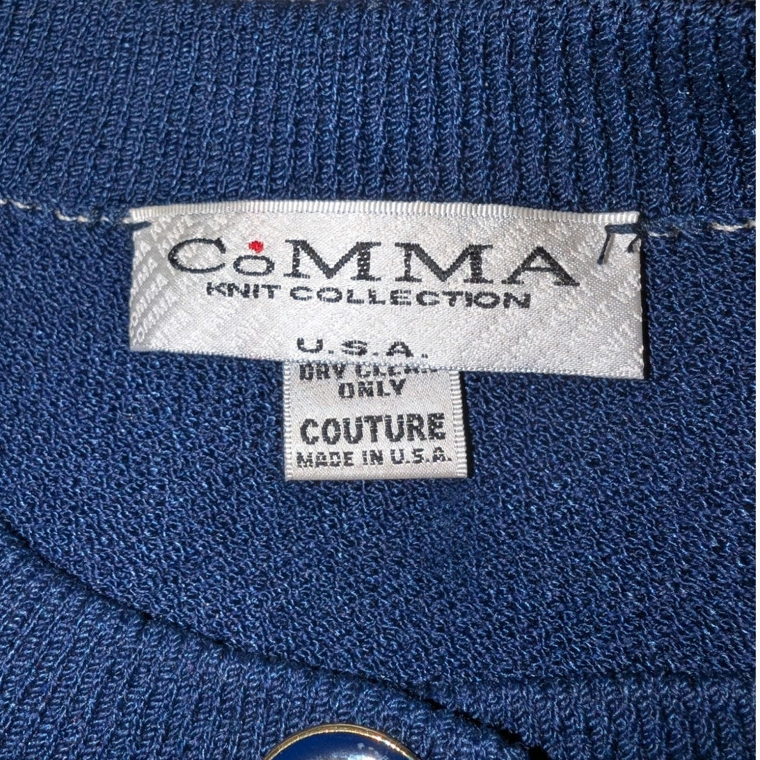 Vtg Comma Knit Collection Couture Blue Cream Santana Nautical Cardigan Sweater