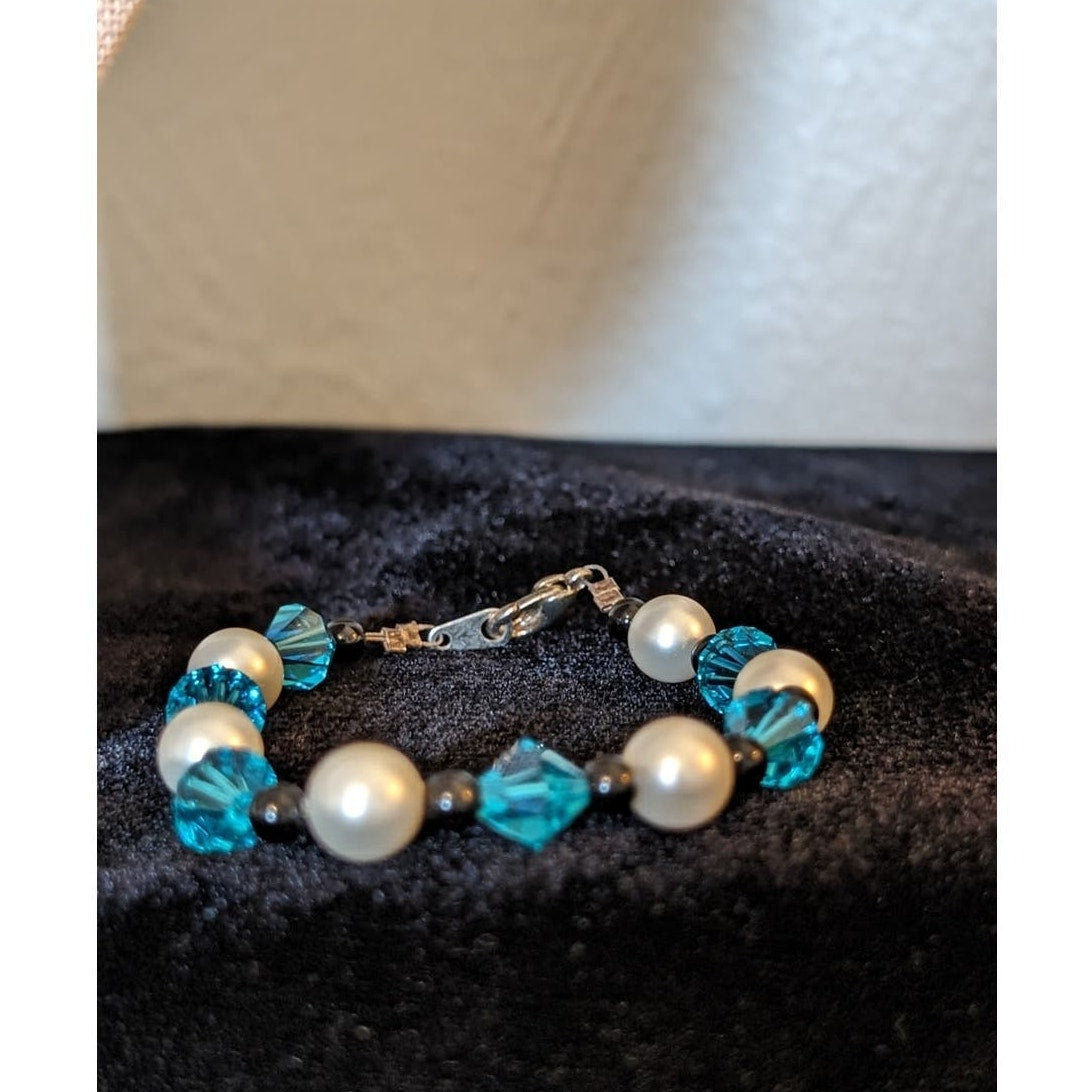 Blue Crystal Bicone, Black Glass & Pearl Bead Necklace & Bracelet Set