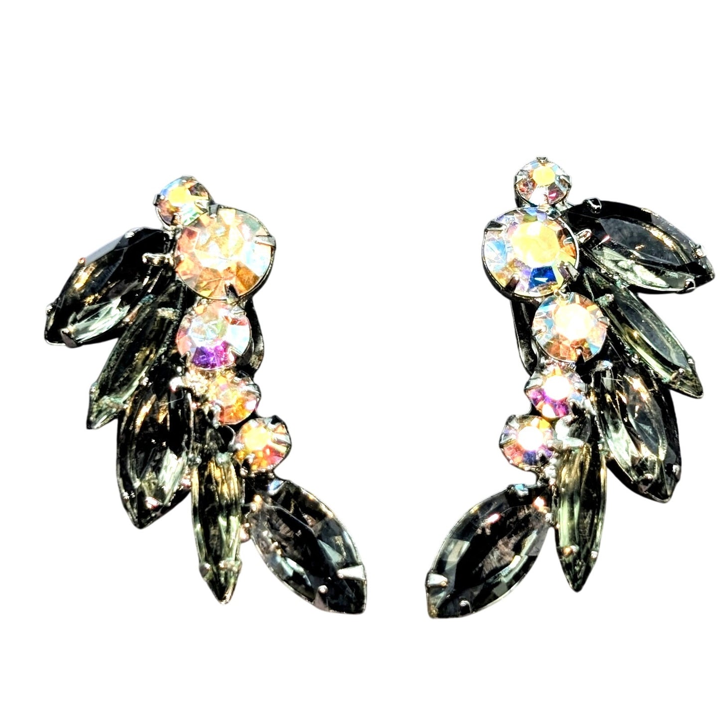 VTG Julianna Smoky Gray Marquis & Round Aurora Borealis Rhinestone Clip Earrings