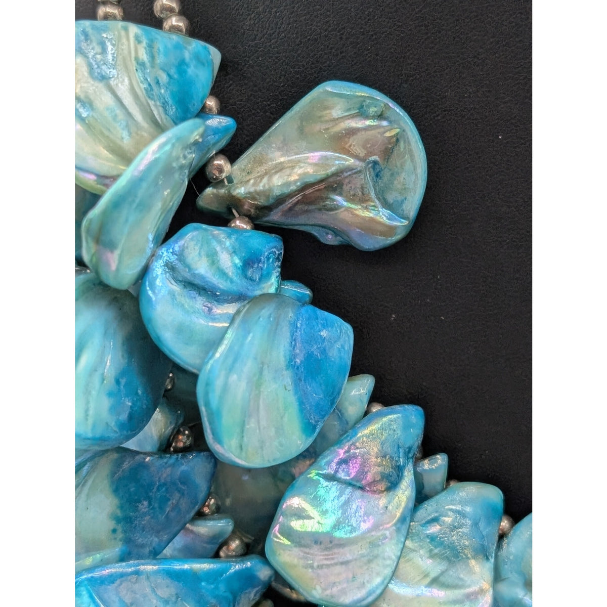 Silver Tone Chain Multi-Layer Dyed Blue Shell Petal Bead Statement Necklace