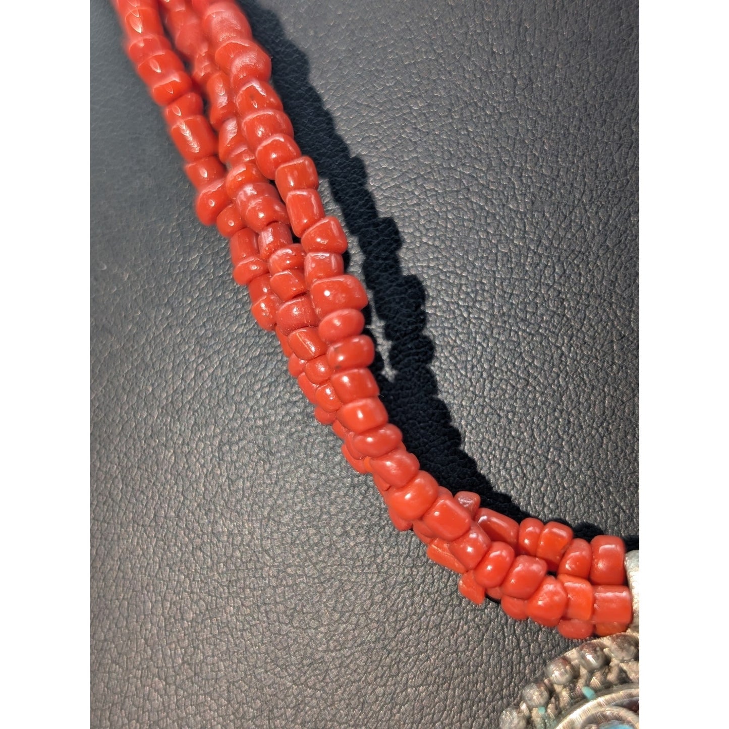 Vintage Red Glass Bead Signed ae Turquoise Chip Silver Tone Pendant Necklace