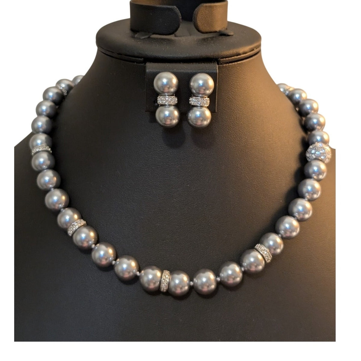 Glass Gray Pearl Rhinestone Rondelle Magnetic Ball Clasp Necklace & Earring Set