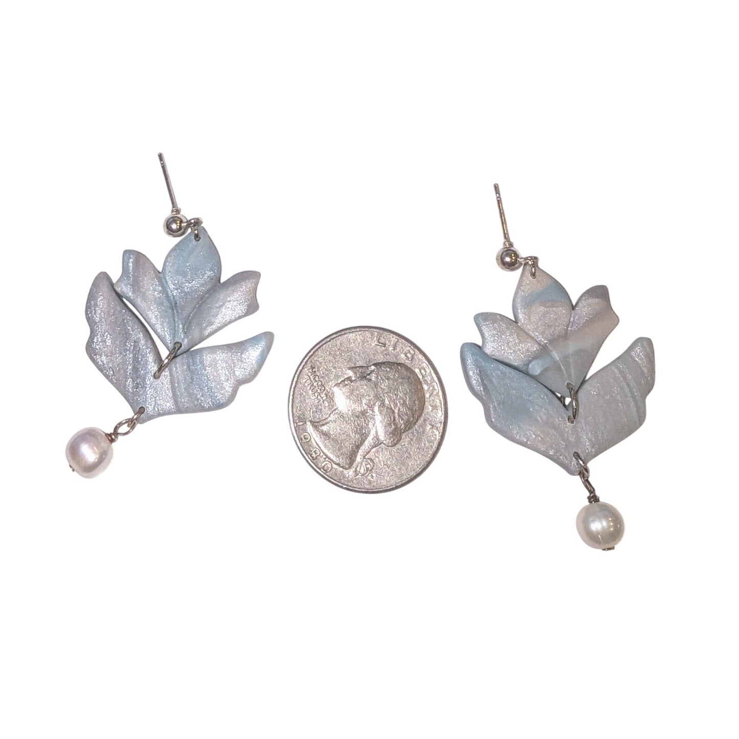Blue Gray Sheen Polymer Clay Leaf 925 Sterling Genuine Pearl Dangle Earrings