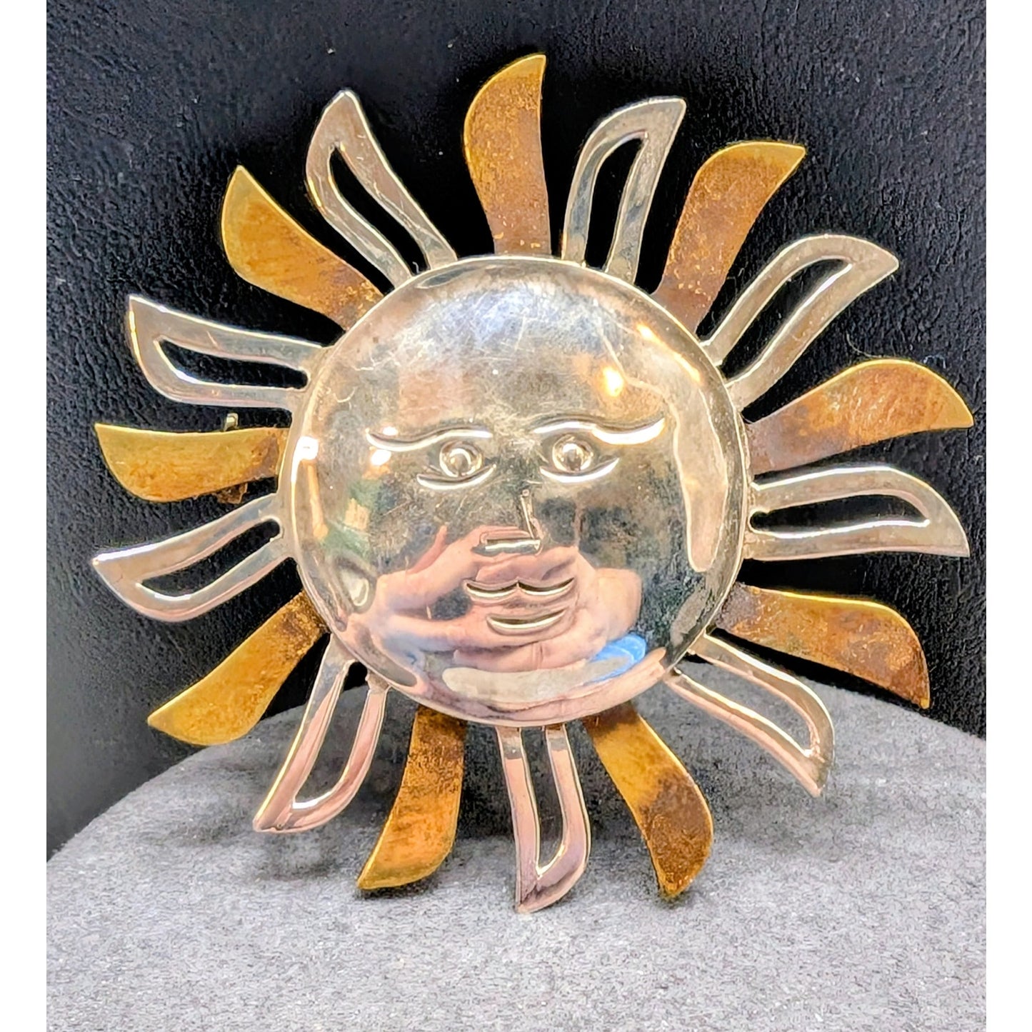 Vintage Mexico 925 Sterling Silver Two Tone Sun Face Brooch