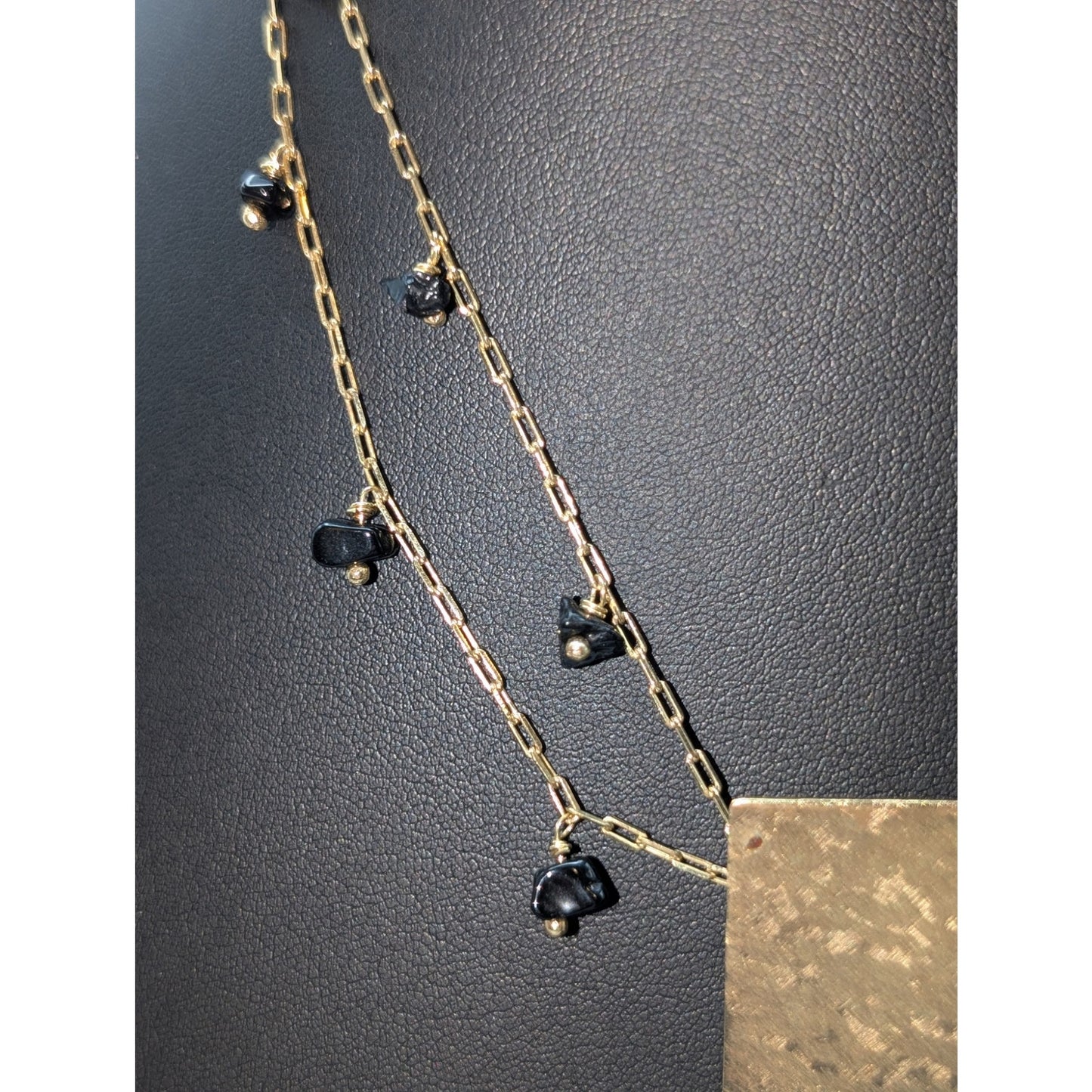 BP Gold Tone Two Strand Black Stone Chip Dangle Square 18"-19.5" Necklace
