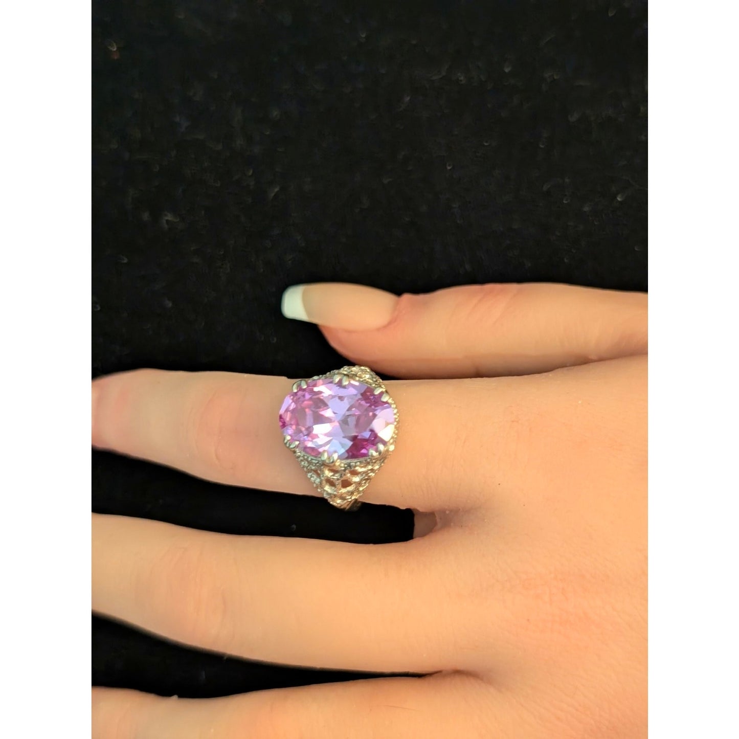 Large Brilliant Rose de France Crystal CZ 925 Sterling Filigree Ring Size 7.75