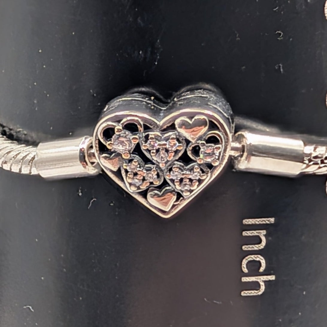 925 Sterling Silver Snake Chain CZ Heart Charm Bracelet