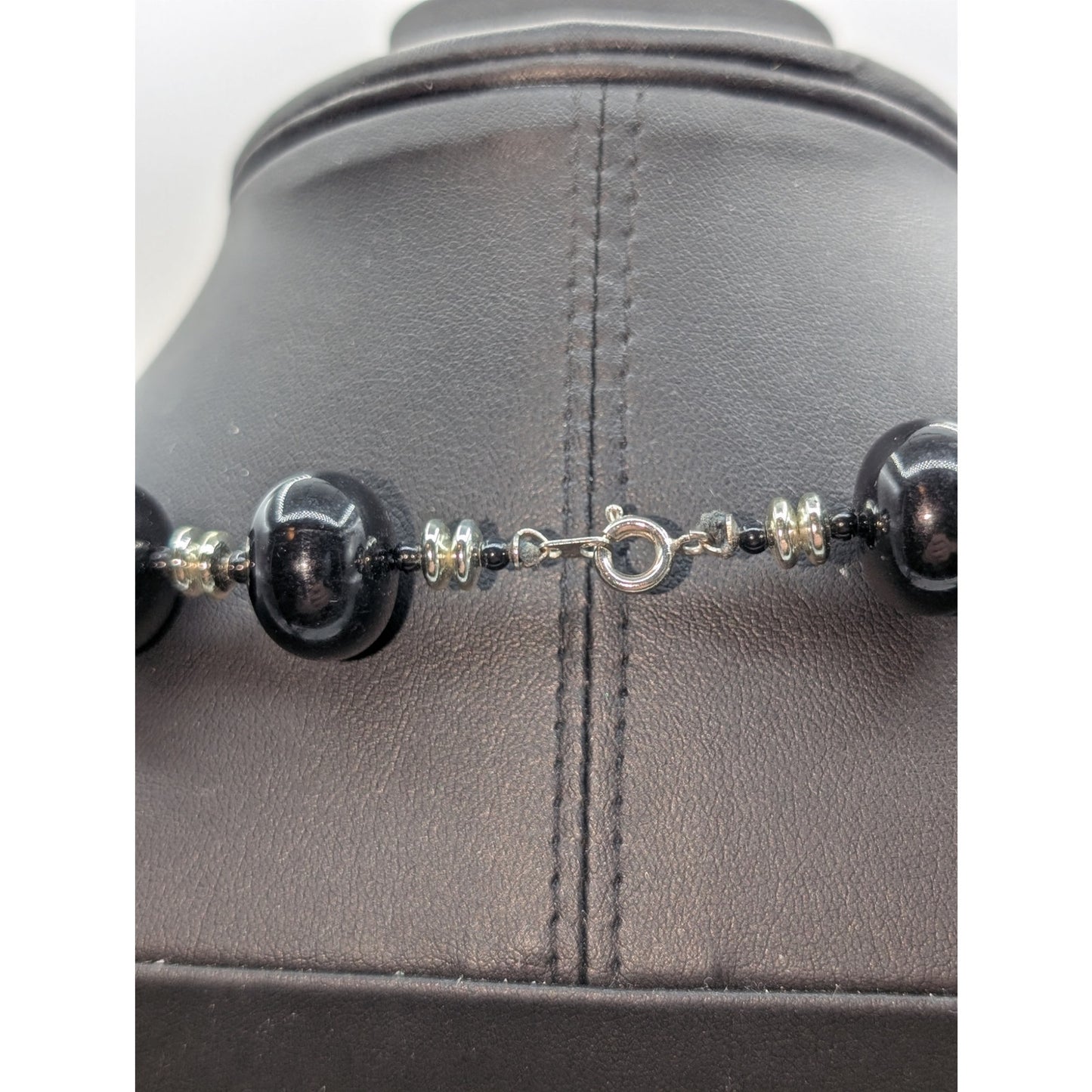 Vintage Black Oval Silver & Black Acrylic Spacer Bead 24.5" Necklace