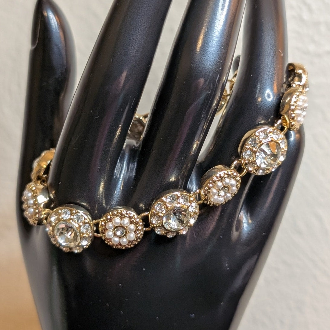 Signed Napier Gold Tone Faux Pearl Rhinestone Bracelet