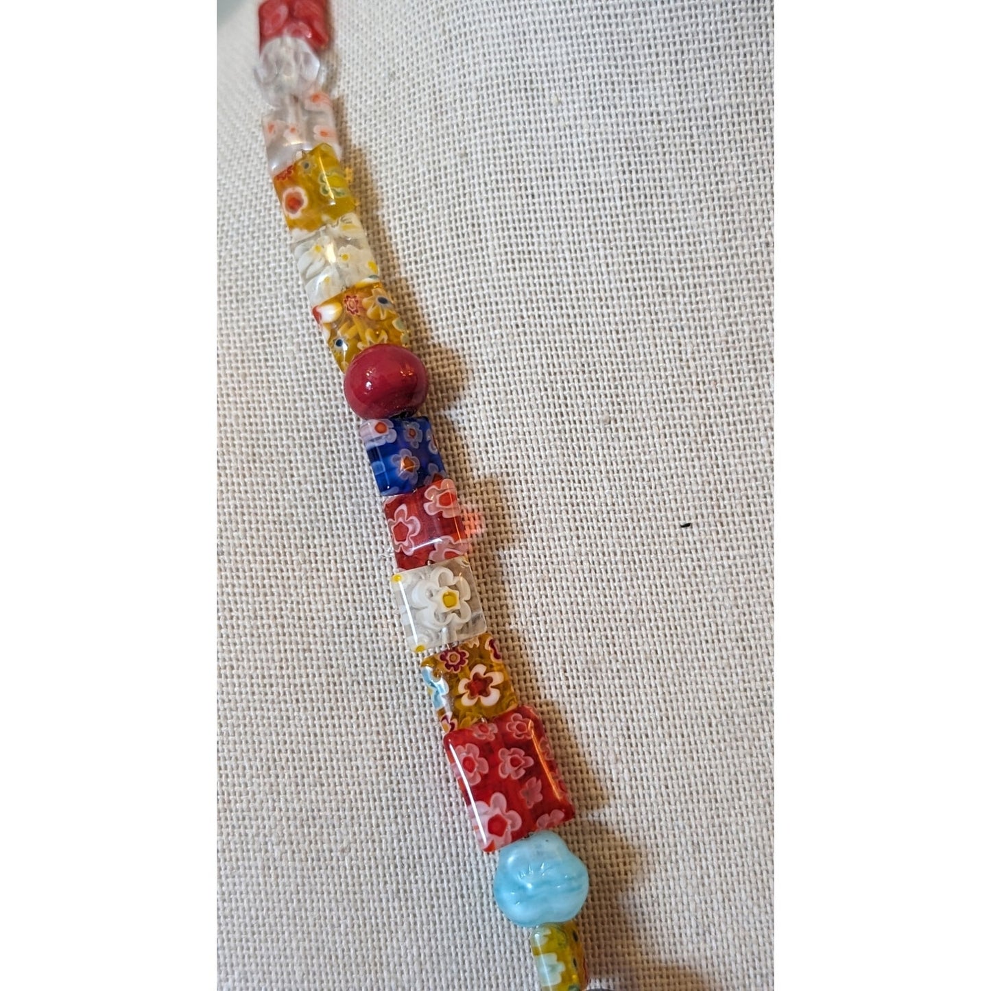 Millefiori Venetian & Murano Glass Bead Wrap Necklace W/ MOP Horn Pendant