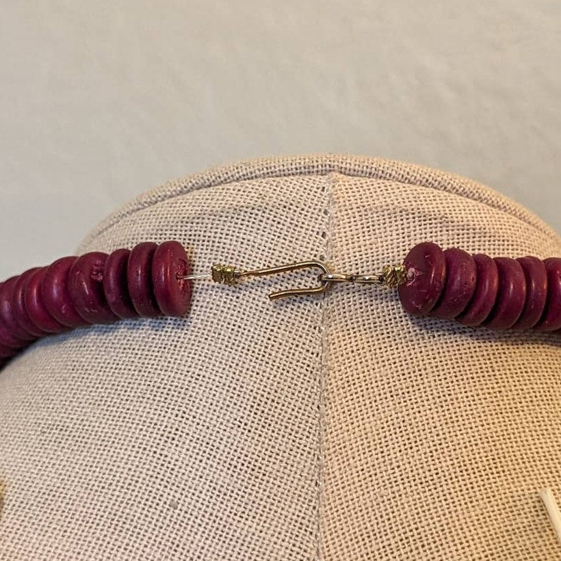 Vintage Tribal Red Coco Wood Gold Tone Rose Bead Hook Closure Necklace