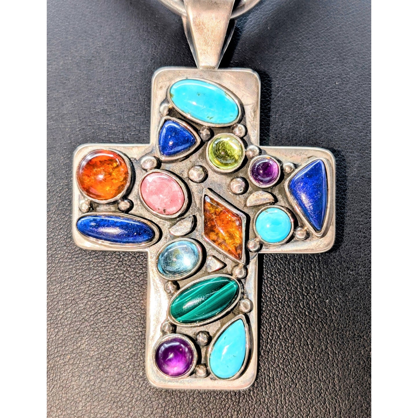 Vintage Desert Rose Trading 925 Sterling Silver Multi Gemstone Cross Pendant 32g