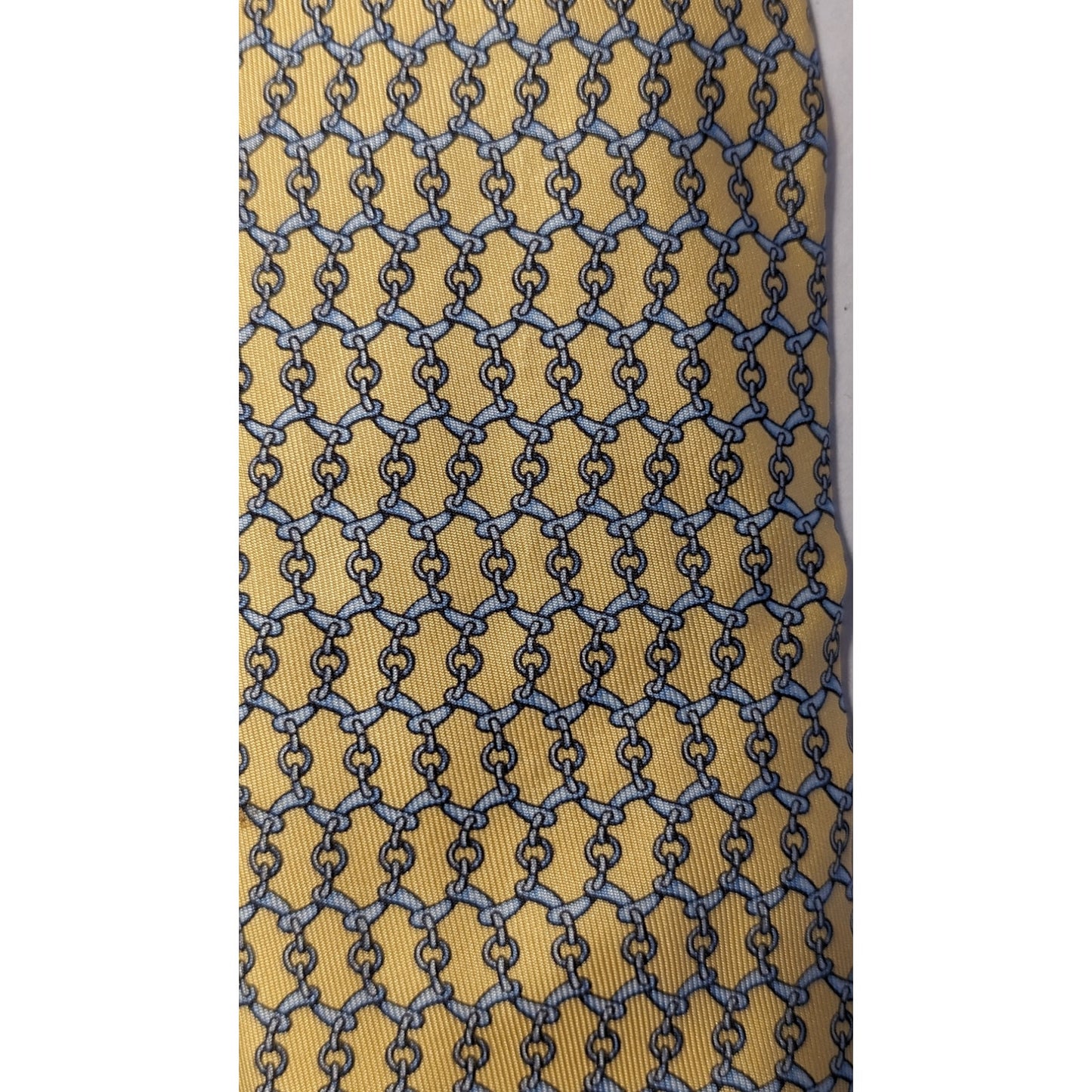 Hermes Paris Vintage 100% Silk Yellow Light Blue Chain Link Design Neck Tie