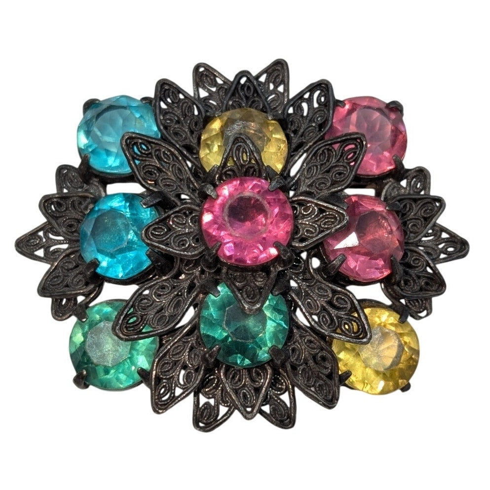 VTG/Antique 1920s or 30s Multi-Color Czech Glass Filigree Art Deco Brooch