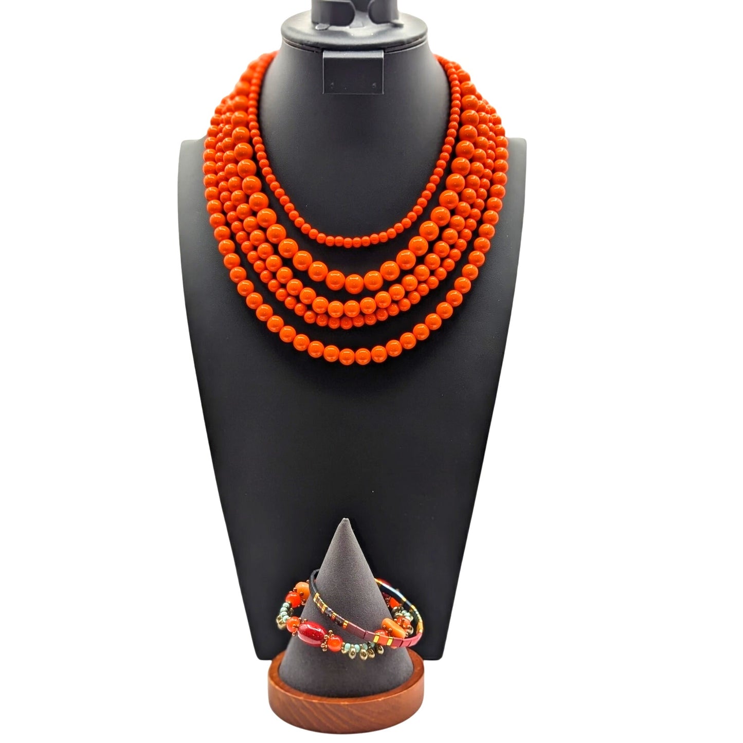 Five Strand Orange Acrylic Beaded Necklace and Three Stretch Bracelet Mixed Lot