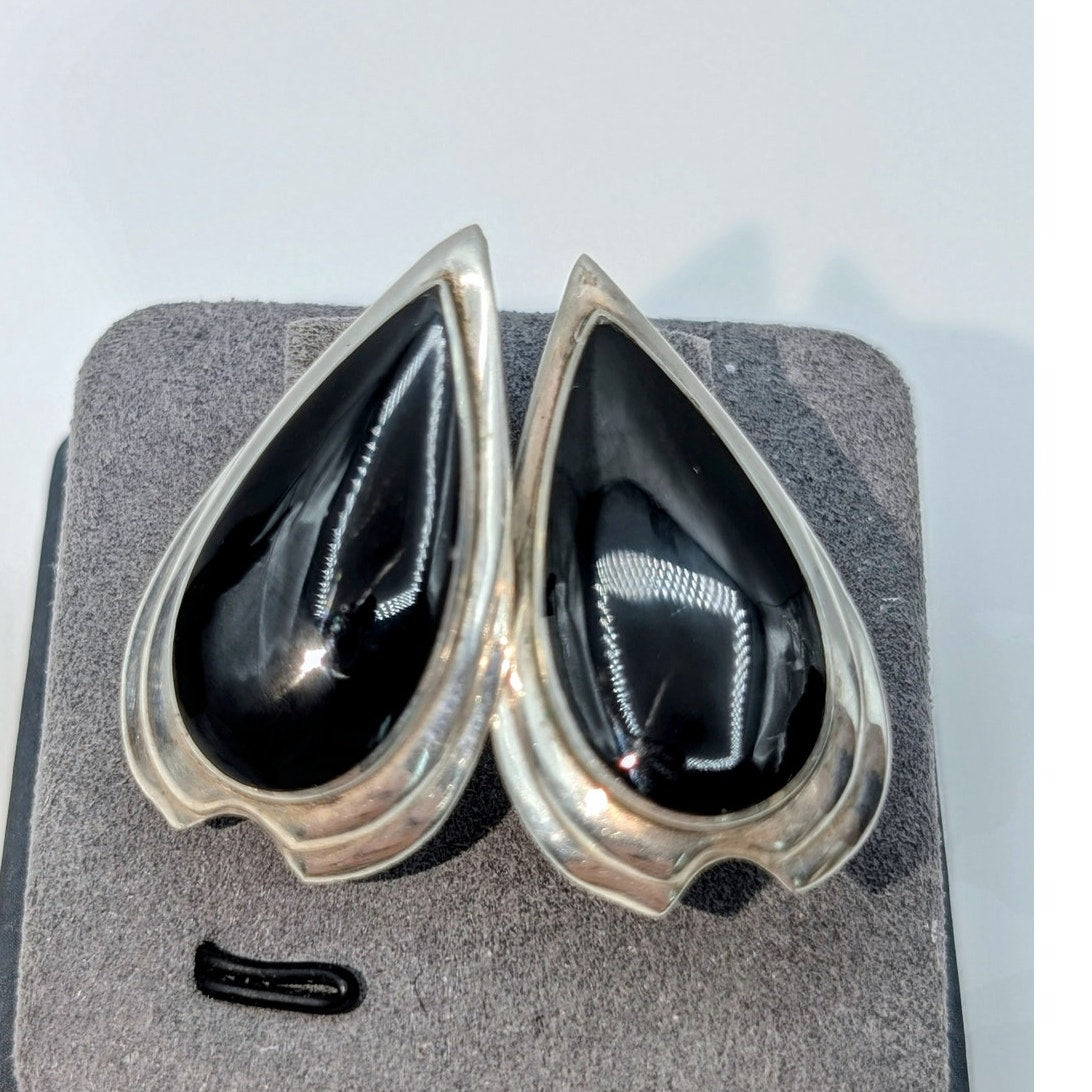 925 Sterling Silver Black Onyx Teardrop Post Earrings