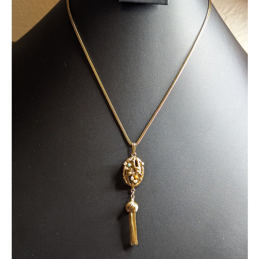 Vintage Gold Tone Cage Flower Tassel Pendant Gold Tone Chain Necklace