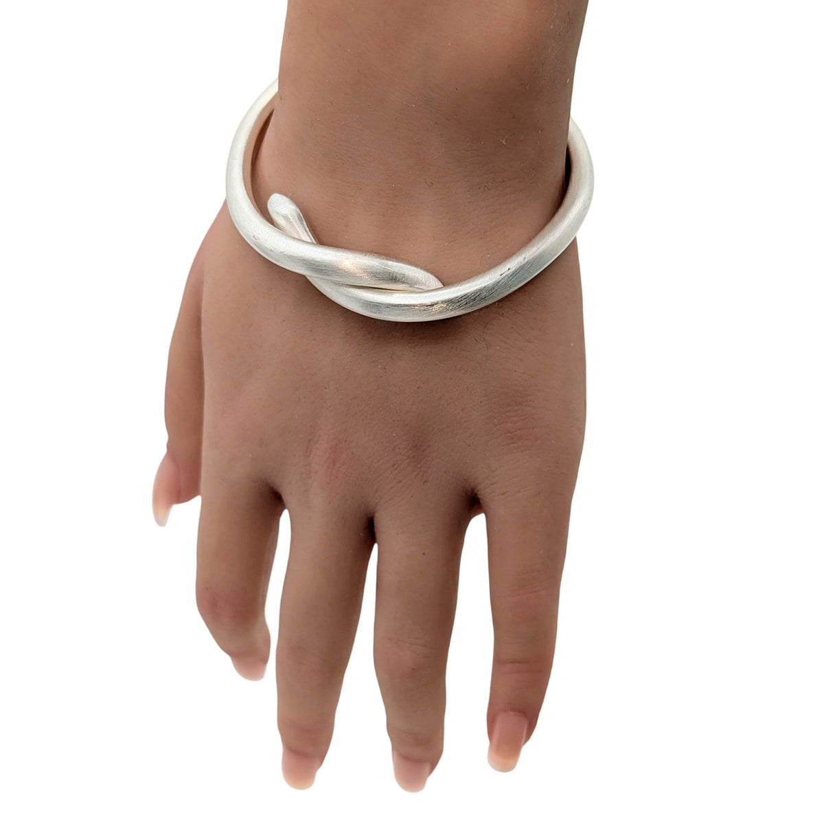 Brushed Satin Finish Silver Tone Knotted Hinged Closure Bangle Bracelet