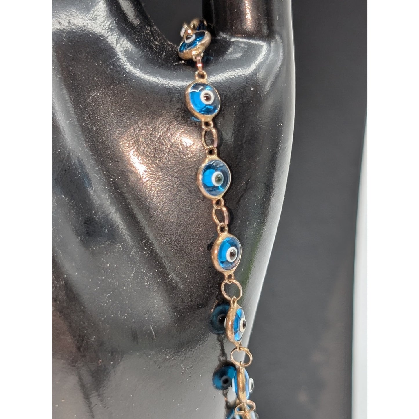 Vintage Bezel Set Blue Glass Eye 925 Sterling Silver Bracelet