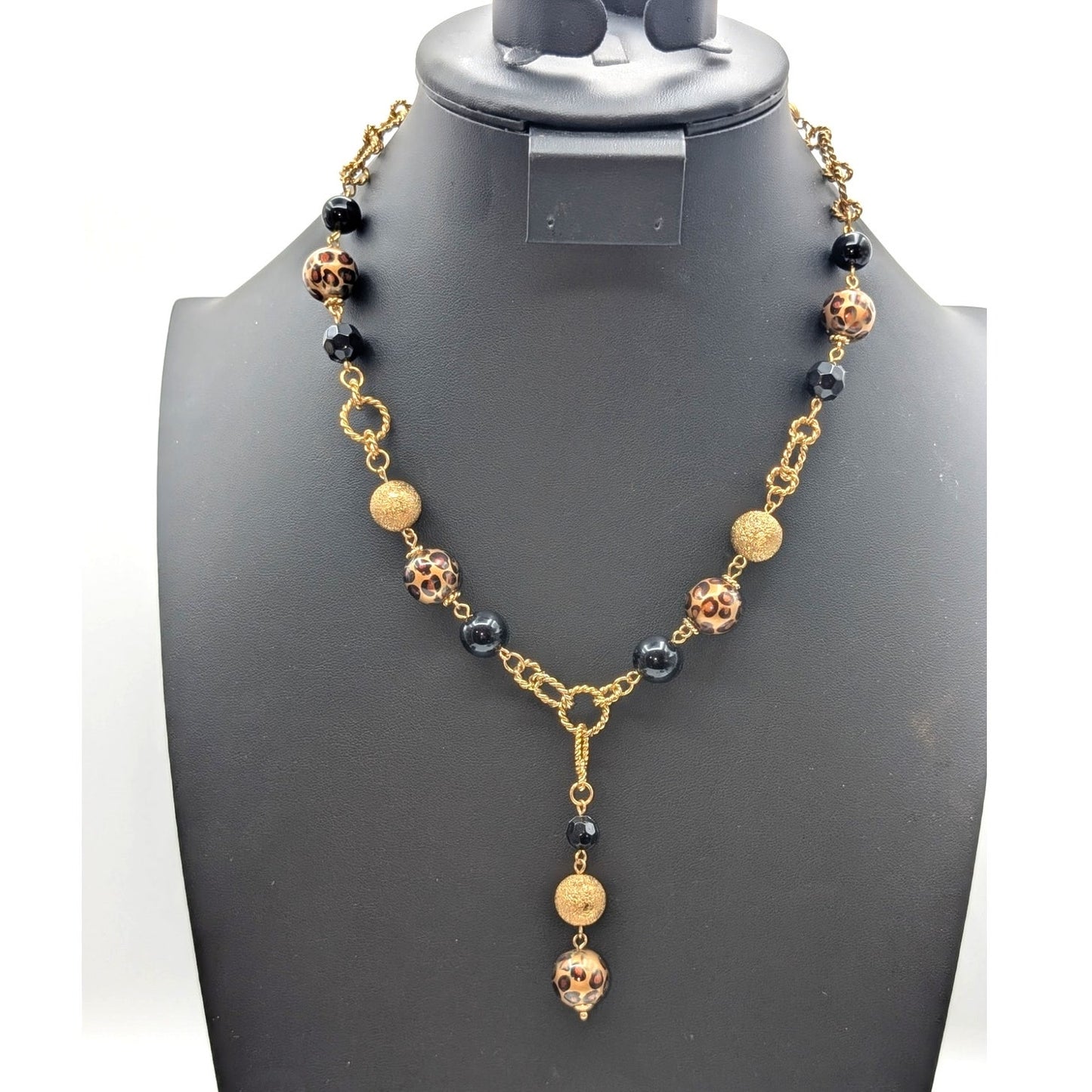 Gold Tone Animal Print Black Gold Textured Bead Y-Drop 16.5"-19.5" Necklace