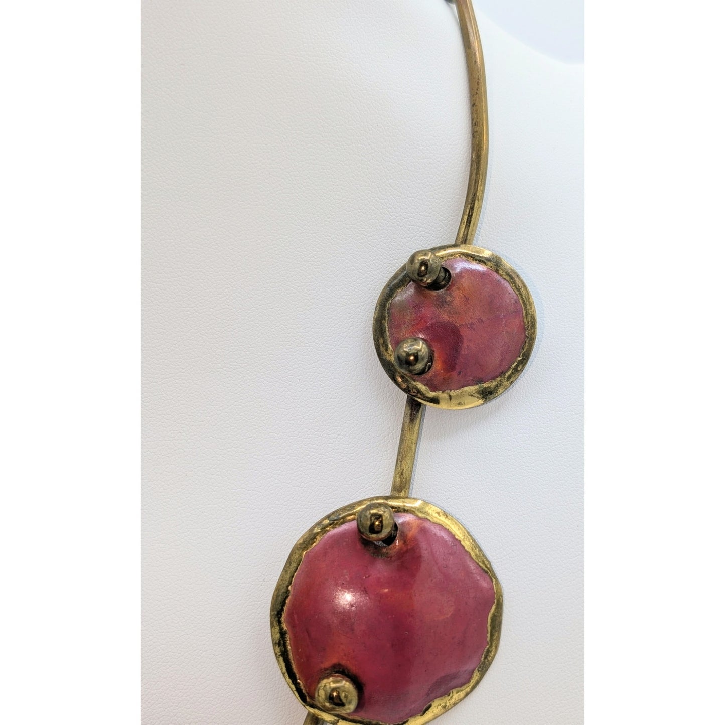 Vintage Modernist Brutalist Red Enamel Brass Disk Artisan Handmade 20" Necklace