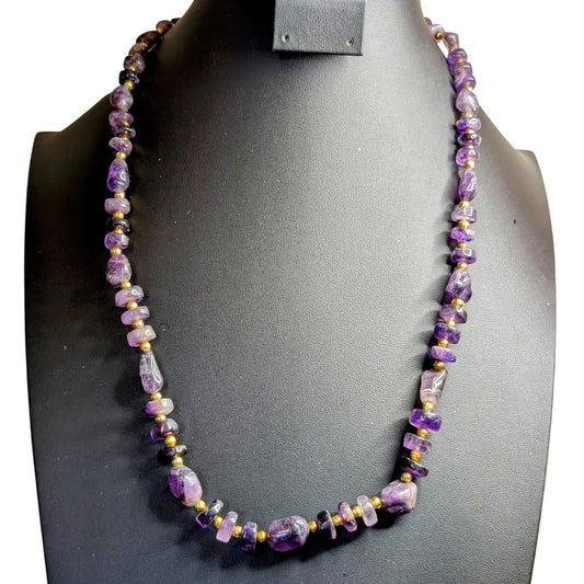 Vintage Amethyst & Topaz Stone & Gold Tone Round Bead Barrel Clasp Necklace