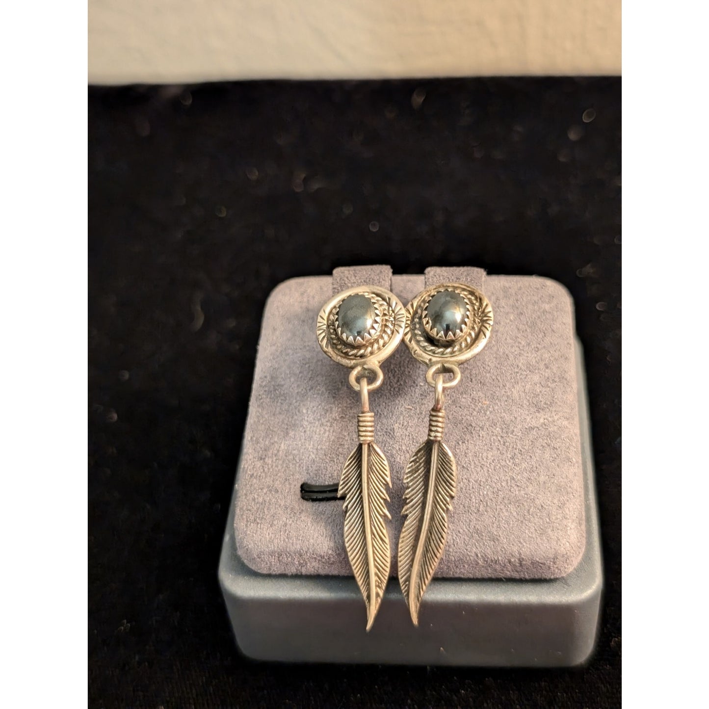 Vintage Signed 925 Sterling Silver Navajo Hematite Feather Dangle Post Earrings