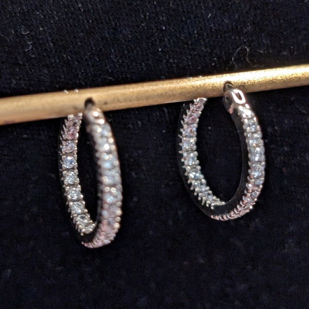925 Sterling Silver Round CZ In & Out Snap Down Bar Medium Size Hoop Earrings