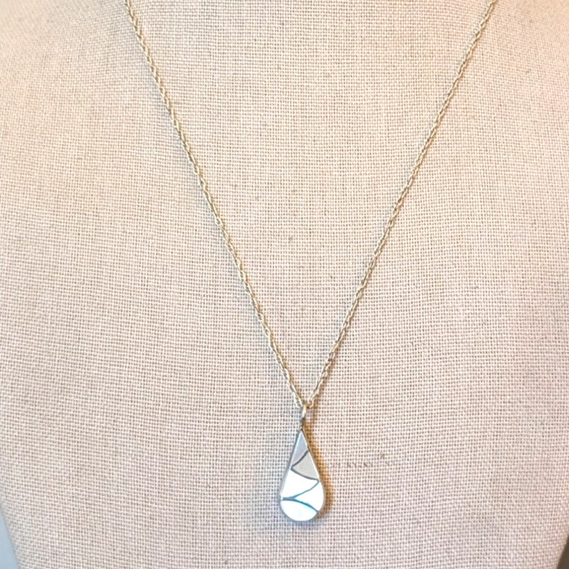 925 Silver Reversible Turquoise & Mother of Pearl Teardrop Pendant 18" Necklace