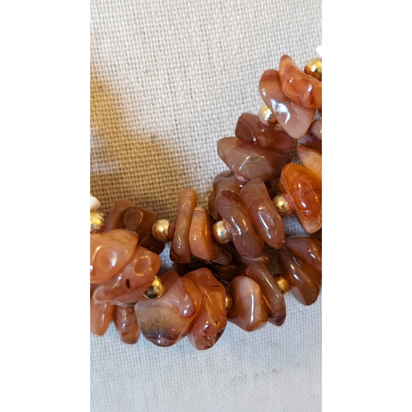 Three Strand Shell & Brown Chip Stone Beaded 19" Necklace W/ Barrel Clasp