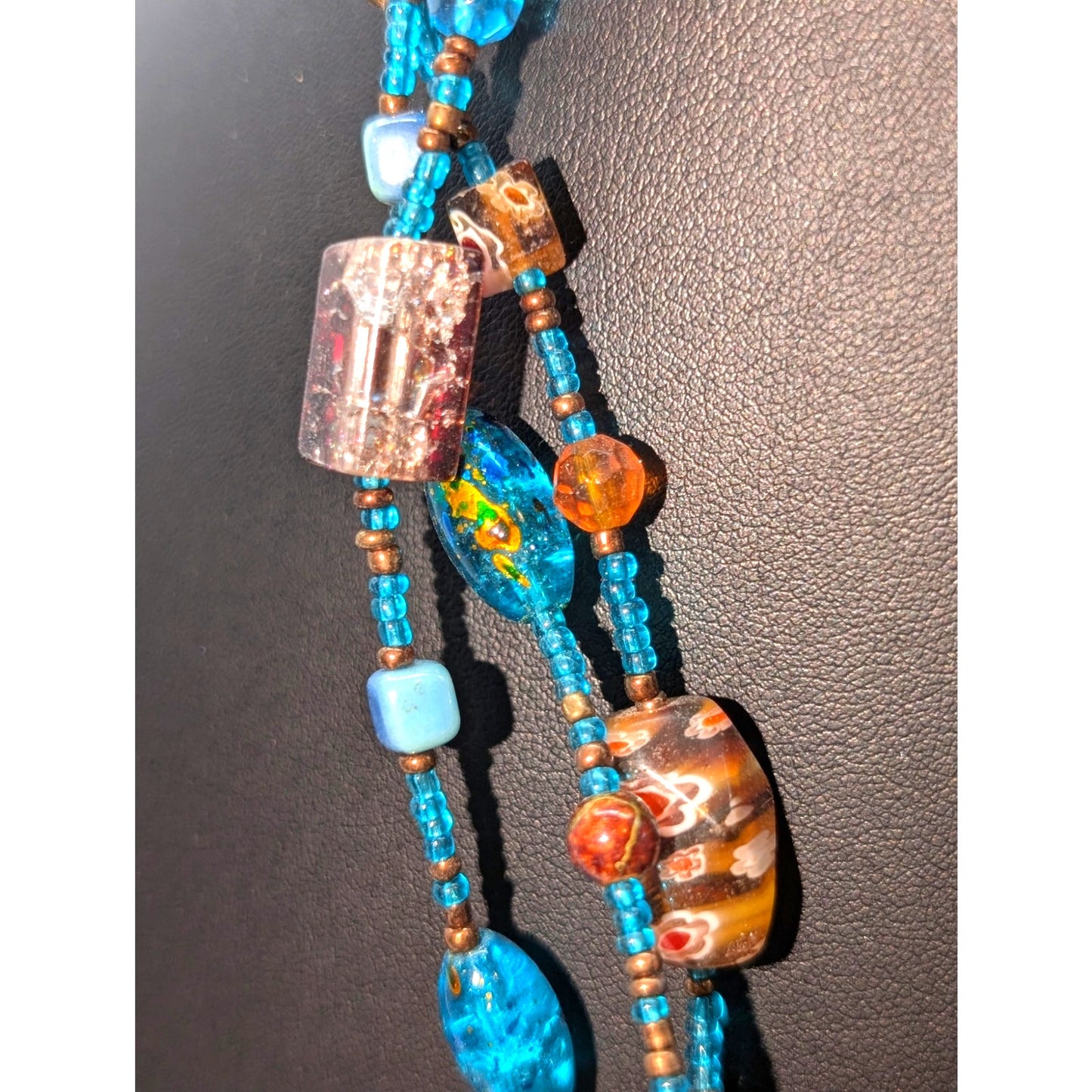 Millefiori Glass Lampwork Aqua Brown Bead Multi-Strand 17"-21" Necklace