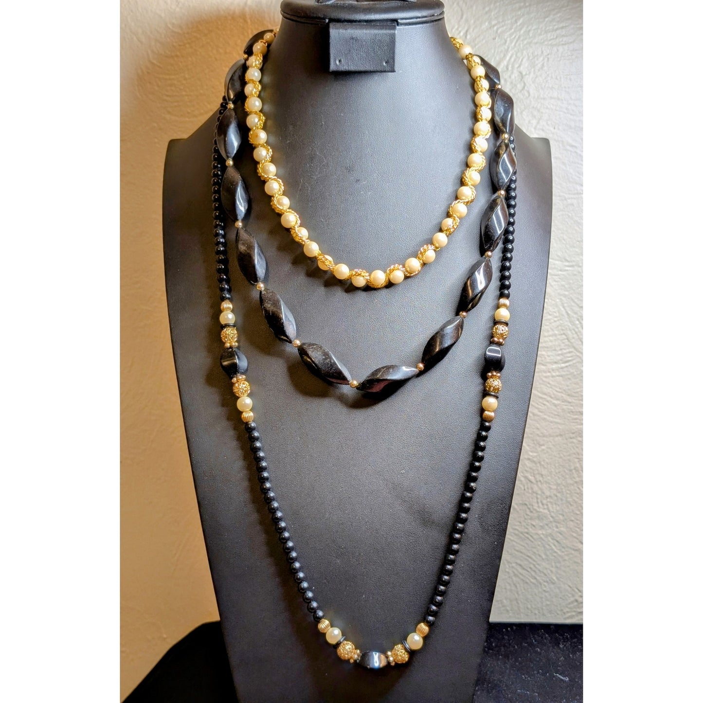 Lot of Three Cream Black Gold Layering Necklaces
