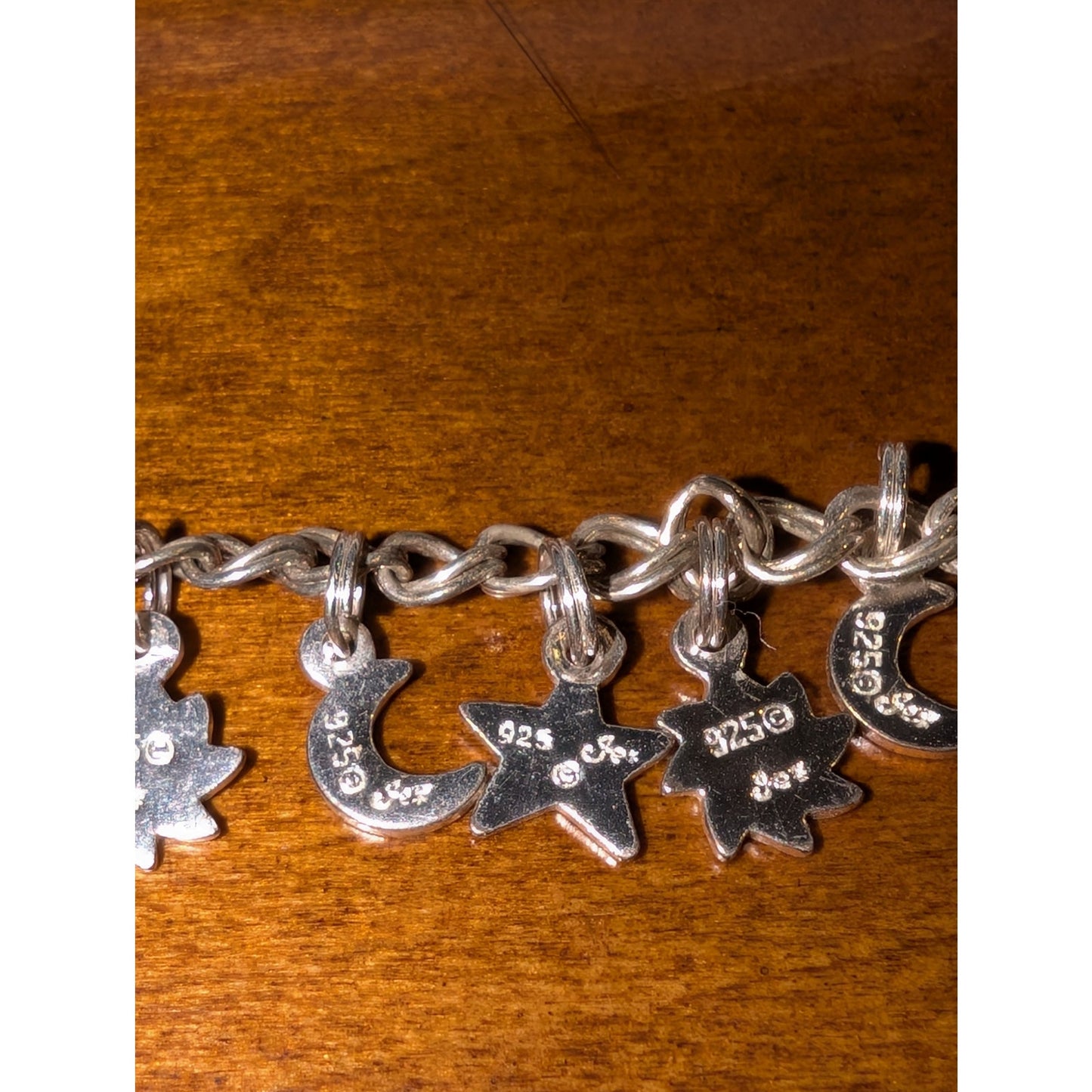 Vintage 925 Italy Sterling Silver Star Crescent Moon Flower Heart Charm Bracelet