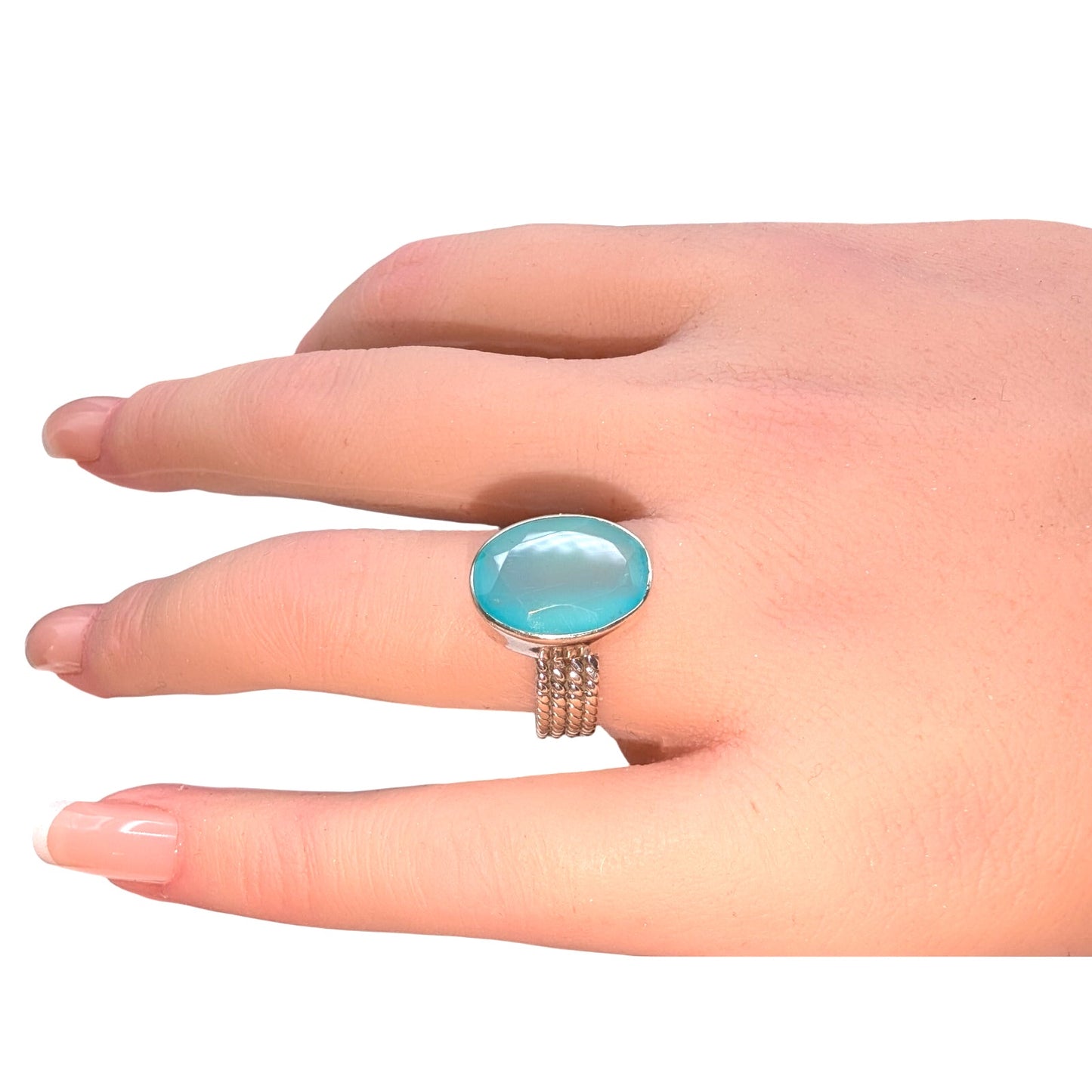 Aqua Chalcedony 925 Sterling Silver Four Twisted Strand Band Ring Size 7.75