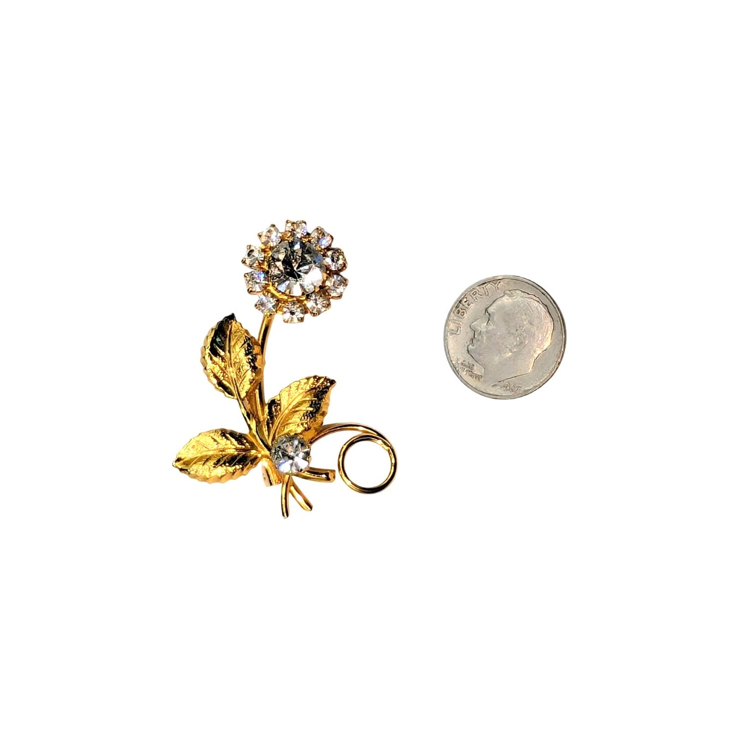 Vintage Gold Tone Clear Rhinestone Flower W/ Leaves Brooch