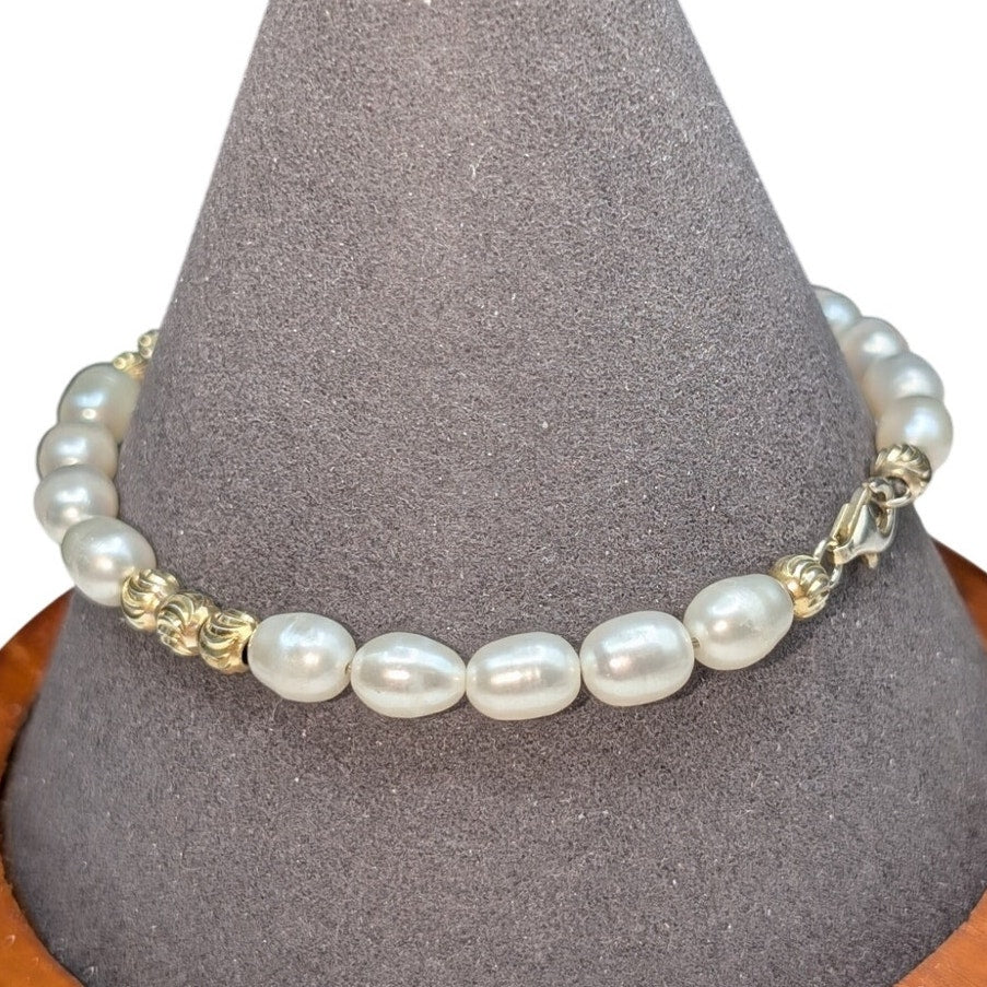925 Sterling Vermeil Diamond Cut Bead & Pearl Bead Bracelet
