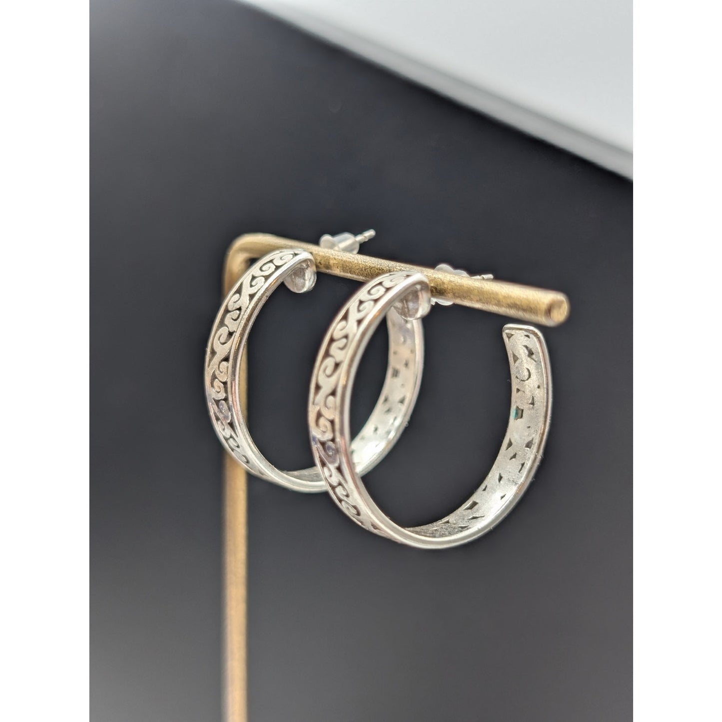Silver Plated Cut Out Design 3/4 Hoop Earrings