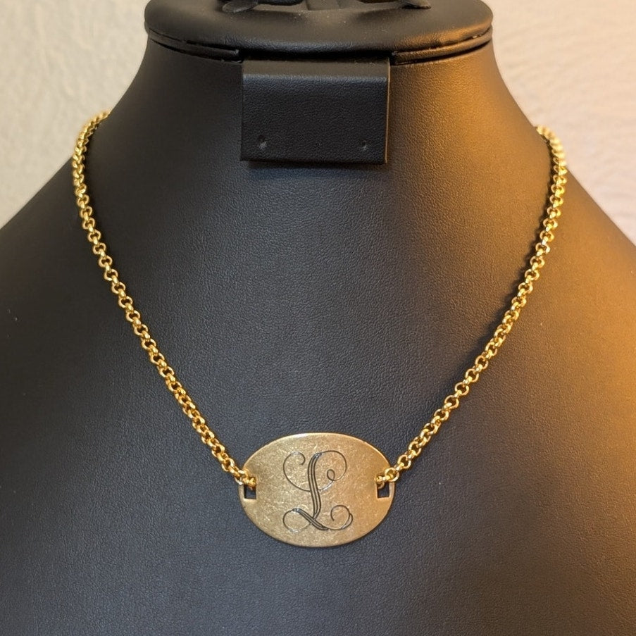 Vintage Oval Monogrammed Script 'L' Gold Tone Chain 17.5" Necklace