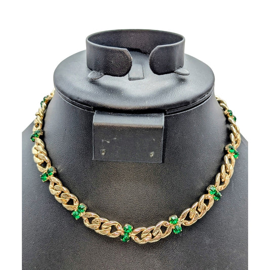 VTG Brookraft Emerald Green Rhinestone Embossed Goldtone Chain Choker Necklace