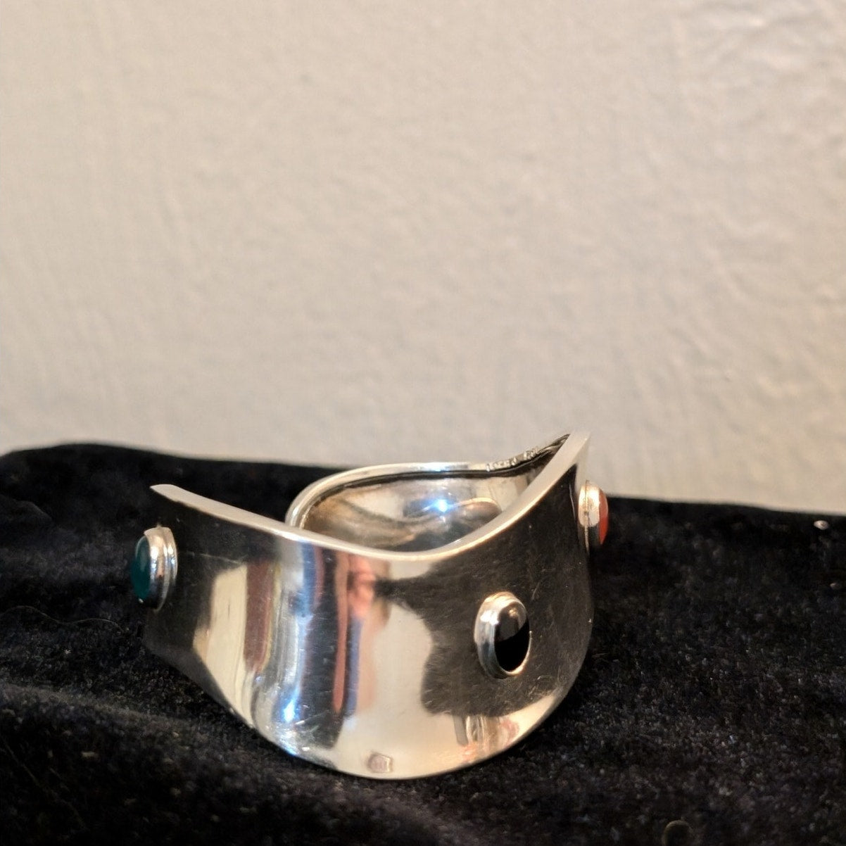 Multi-Stone Cabochon Curved Cuff Modernist Sterling Silver Mexico Bracelet